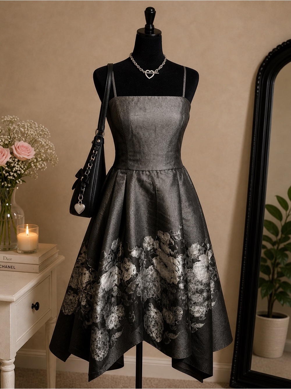 Betsy & Adam floral ballgown black silver satin midi dress size M formal